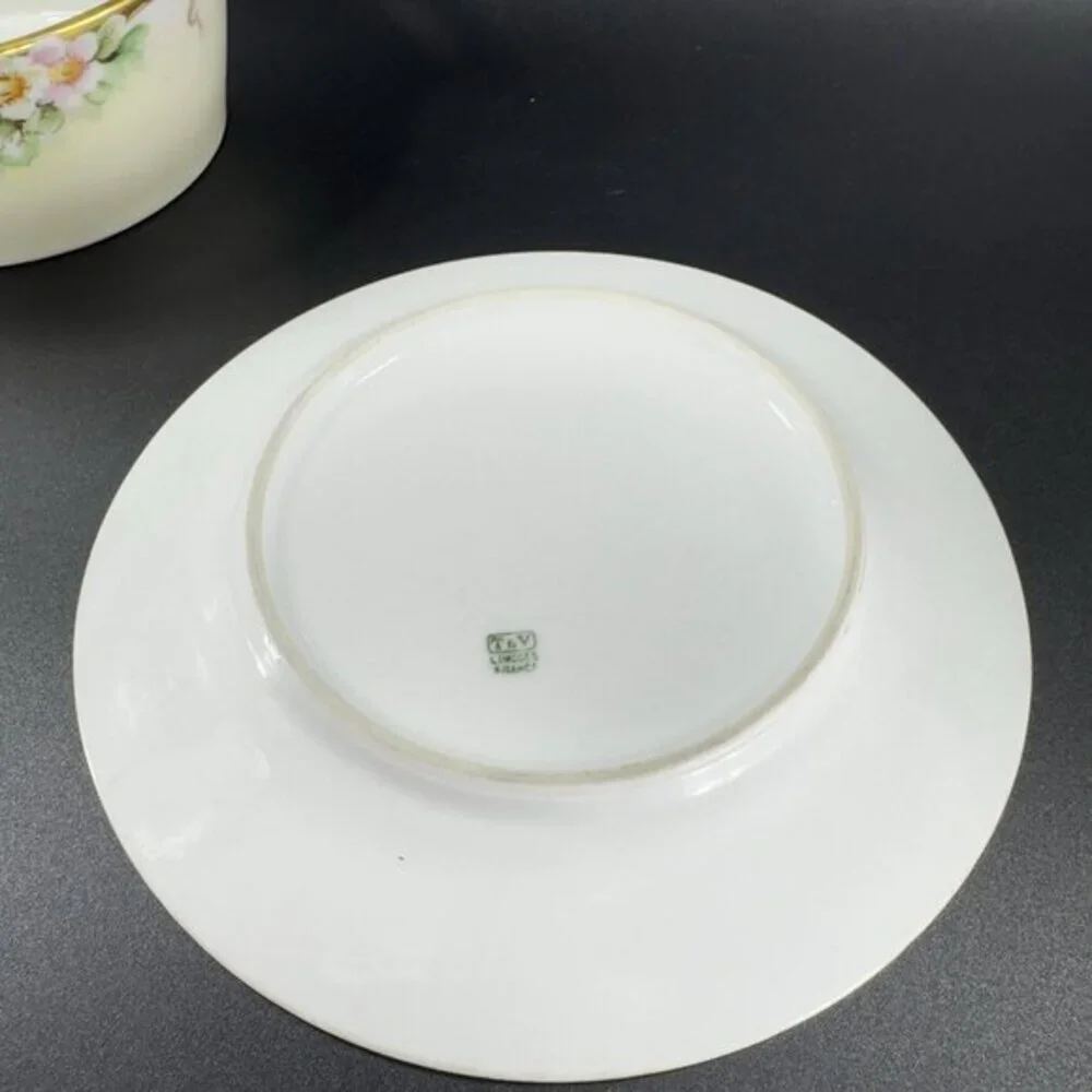 Antique T & V Limoges Butter Tub Hand Painted Porcelain‎ Dish With Under Plate